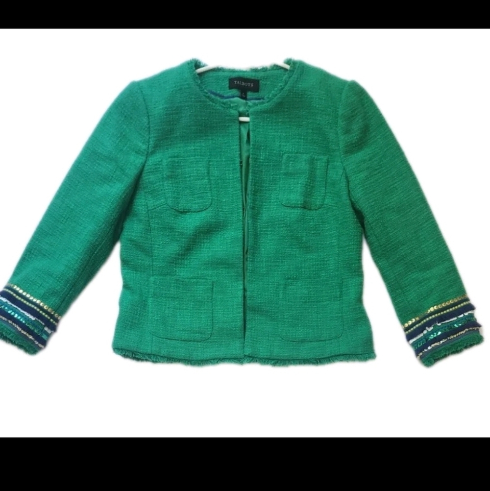 Talbots Women’s Green Tweed Jacket Blazer Size 4 Textured Zip Front Lined